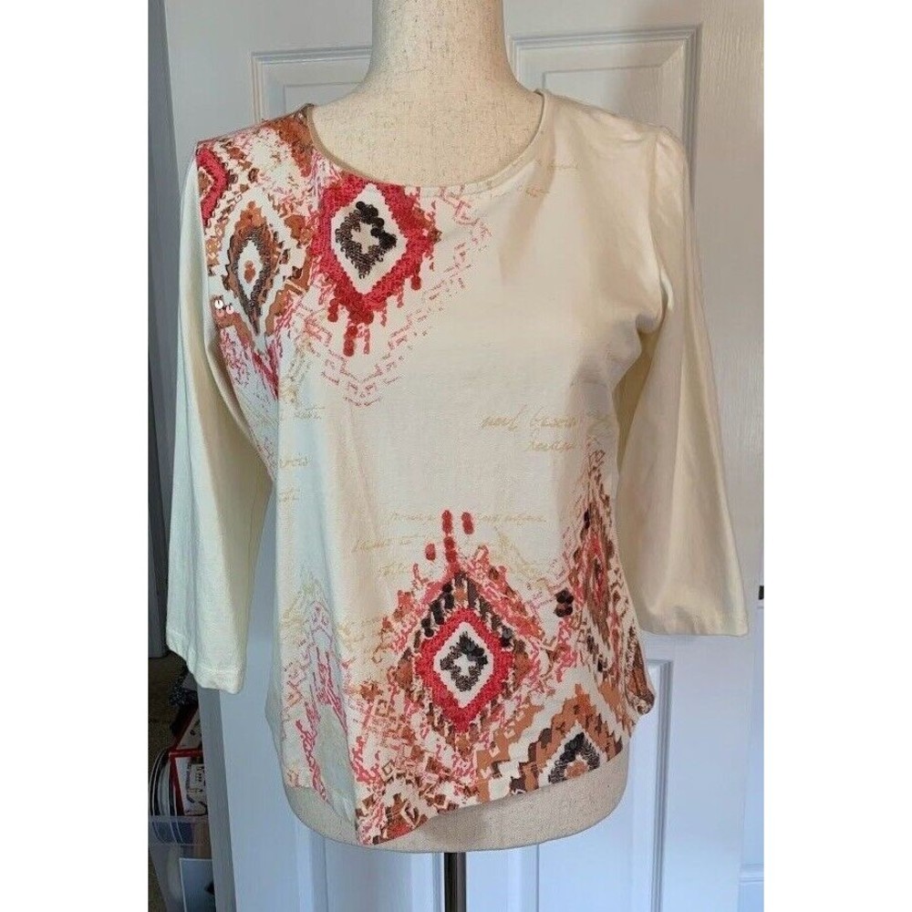 Ruby Road Knit Size Petite Medium Cream with Southwestern Look Design 3/4 Sleeve